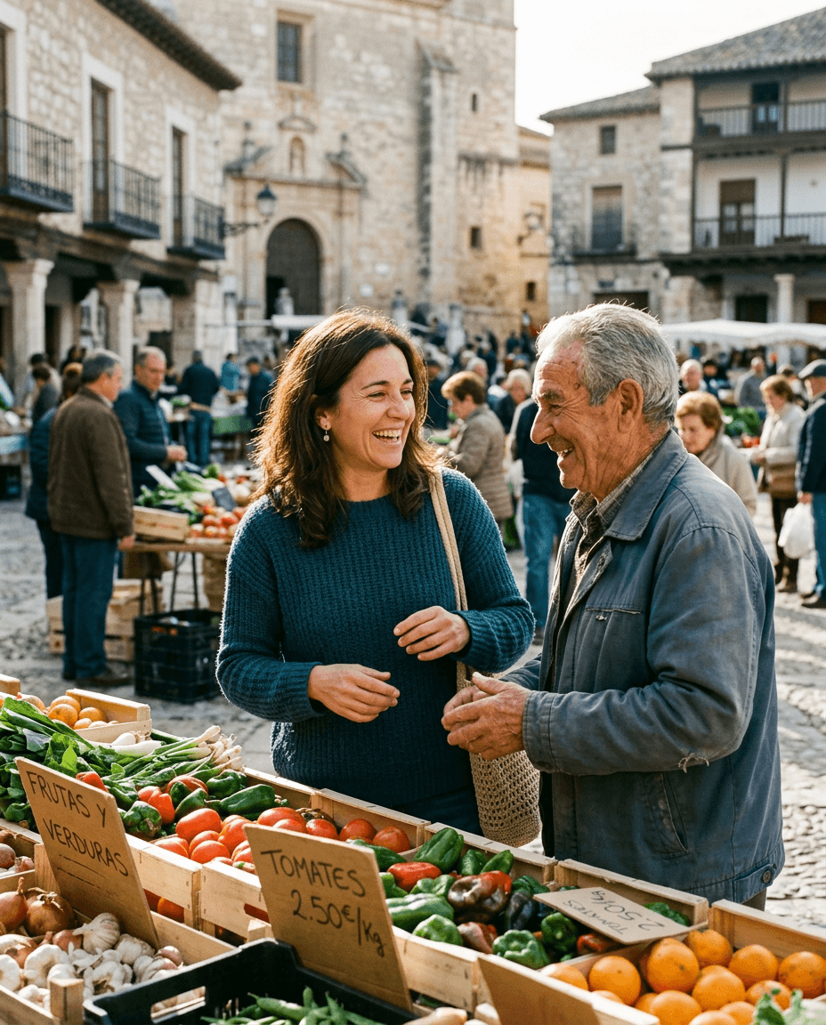 Irene Albarén conversando con un vecino en el mercado de la plaza