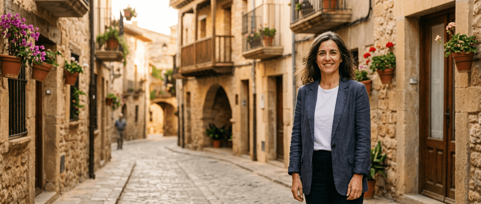 Irene Albarén sonriendo en una calle empedrada del casco antiguo de Montesauce